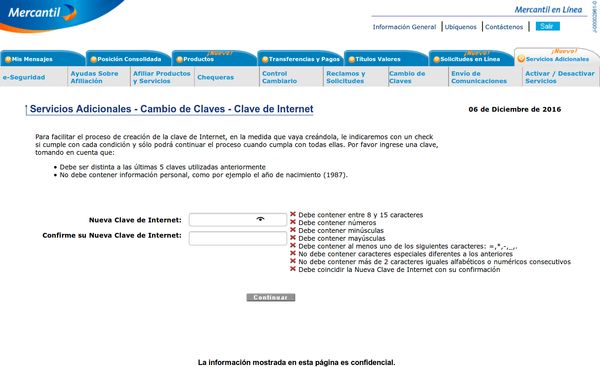 Banco Mercantil dumb password rule screenshot